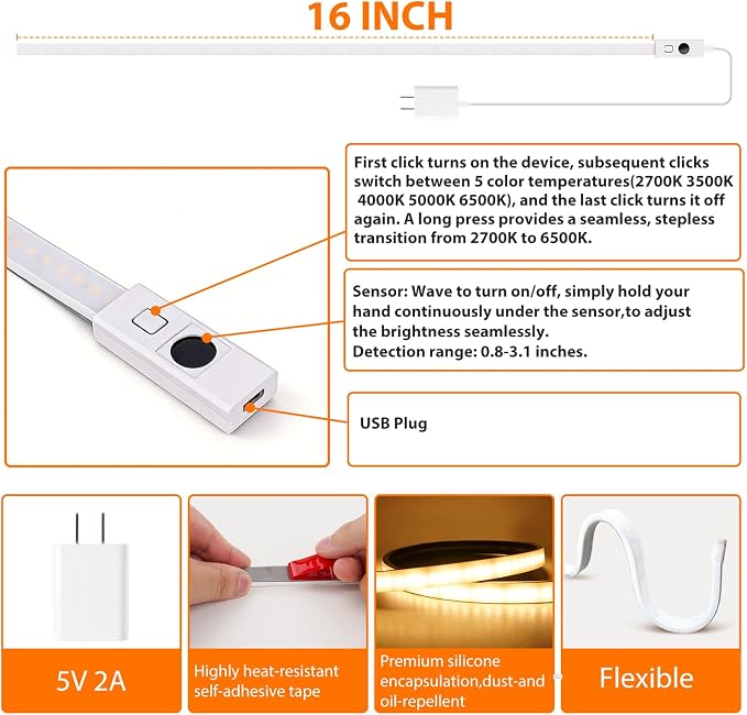 StarryEver 16 inch LED Under Cabinet Lighting with Memory Function, Color Tunable 2700K to 6500K, USB Powered Under Desk Light, Touchless Dimmable LED Light Bar for Home Kitchen,Cabinet,Pantry