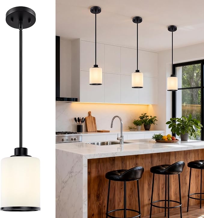 Beionxii Pendant Lights Kitchen Island, Milk Glass Pendant Lights, Black | Farmhouse Pendant Lighting,Modern Hanging Pendant Light with Rods for Kitchen Island Dining Room Bedroom Entryway,BX-PL02MB+R