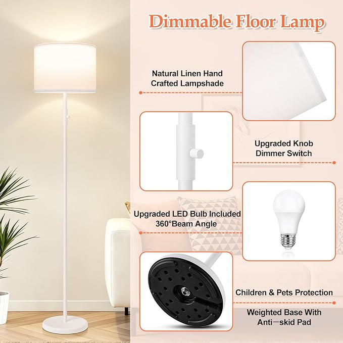 Floor Lamp Simple Design with Shade, Standing Lamps for Living Room Bedroom Office Dining Room Kitchen-White