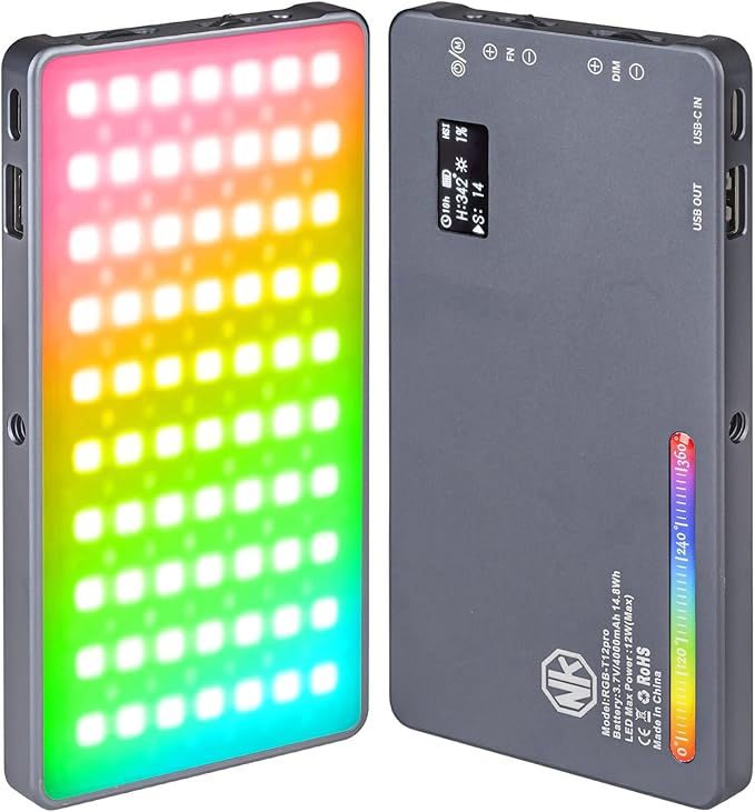 T12 Pro RGB Video Light,12W Portable LED Camera Light with 2500-8000K, 4000mAh Rechargeable Battery, 21 Effects, CRI 96+, for Studio Photography, Vlogging, Streaming, Selfie Video and Phone Recording