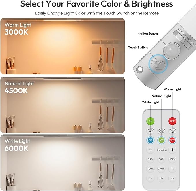 BLS 0.3" Ultra Thin Motion Sensor Under Cabinet Lights Plug in, 400LM 3 Color Dimmable LED Light Bar with Remote, USB Wired Under Counter Lighting for Kitchen Desk Shelf Workbench (No Battery), 14inch
