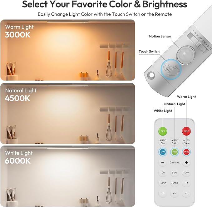 BLS 0.3" Ultra Thin Motion Sensor Under Cabinet Lights Plug in, 400LM 3 Color Dimmable LED Light Bar with Remote, USB Wired Under Counter Lighting for Kitchen Desk Shelf Workbench (No Battery), 17inch