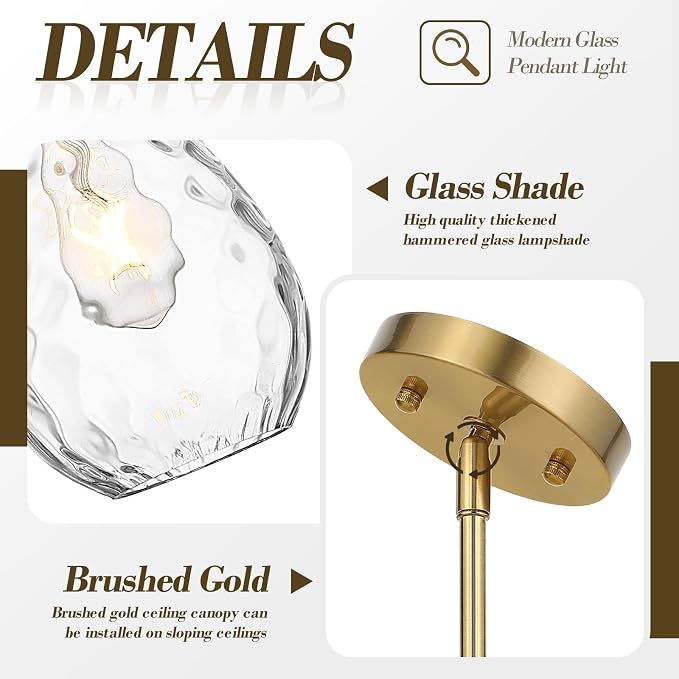 Glass Pendant Lights Kitchen Island, 1-Light Modern Brushed Gold Pendant Light Fixtures with Hammered Glass and Rods, Small Hanging Light for Kitchen Sink Dining Room Bathroom