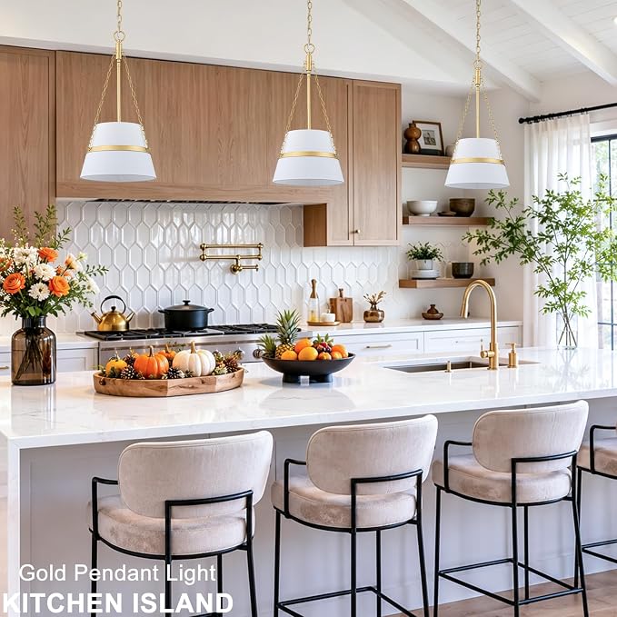 11.4" Gold Drum Pendant Light for Kitchen Island, White Linen Fabric Shade | Modern Transitional, Cone Shape, 3 Side Chains, 1-Light, Breakfast Nook, Reading Corner, Adjustable Height 11.42"W x 23.82"H