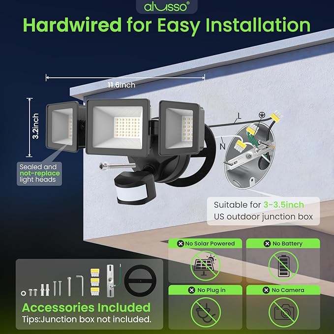ALUSSO Motion Sensor Outdoor Lights Hardwired(Not Solar),40W 4500LM Flood Lights Outdoor 120V,3 Modes(Dusk to Dawn/Auto/On Time), 3CCT 3000K/4000K/6500K Security Light for Garage Yard Porch,Black,ETL