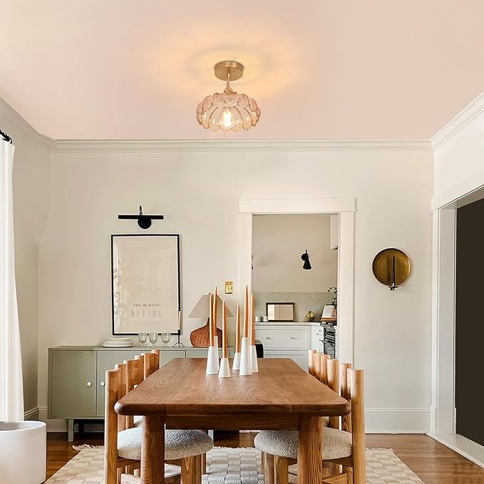 Pendant Light with Amber Scindapsus Glass Lmapshade, Brass Vintage Pendant Light Adjustable Hanging Light for Kitchen Island Dining Room Hallway