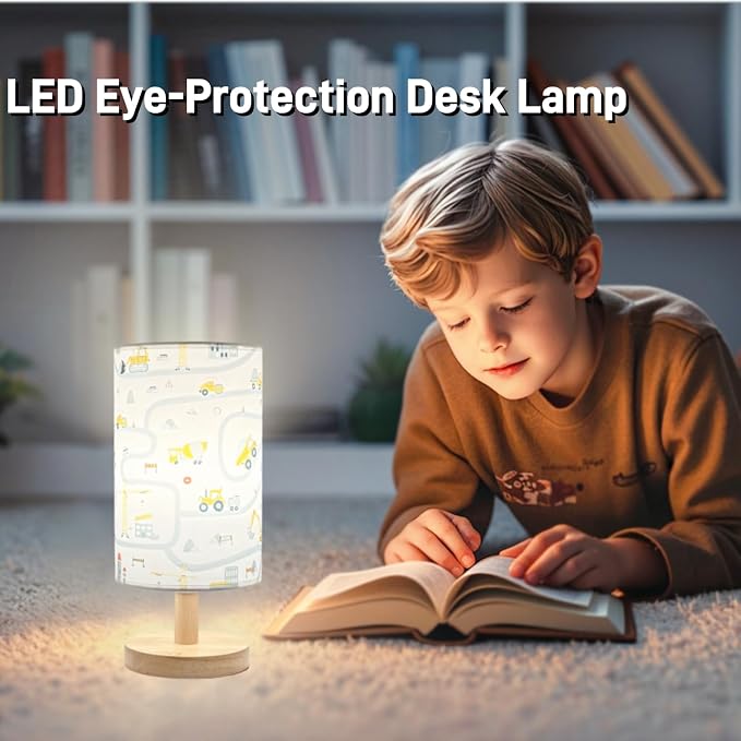 Kids Desk Lamp for Bedroom Boy,Reading Car Lamp,3-Way Dimmable Bedside Night Light with Cartoon Pattern Printed Shade and Wood Base for Kids Room Nursery Living Room Decor,Car Gift for Boys