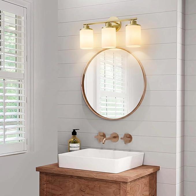 Brushed Gold Bathroom Light Fixtures, 3-Light Gold Vanity Lights with Frosted Glass Shades, Mid-Century Modern Wall Sconces for Living Room