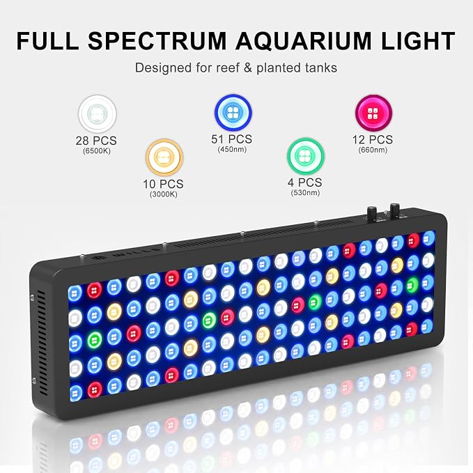 Wills Aquarium Light, 200W Full Spectrum LED Reef Lights, 28"x8.5"x2.4" | For Coral Saltwater Fish Tank, Blue/White Dual Dimmable Channels, 105 Premium SMD LEDs, Daisy Chain Design, Hanging Kit