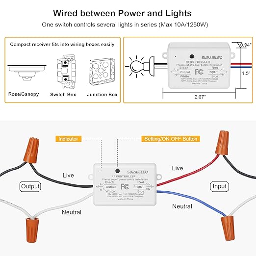 Suraielec 3 Way Wireless Light Switch, No Wiring, No WiFi, 100ft RF Range, Pre-Programmed, Expandable Wireless Wall Switch and Receiver Kit, Remote Control Light Fixture for Lamp, Ceiling Light, Fan
