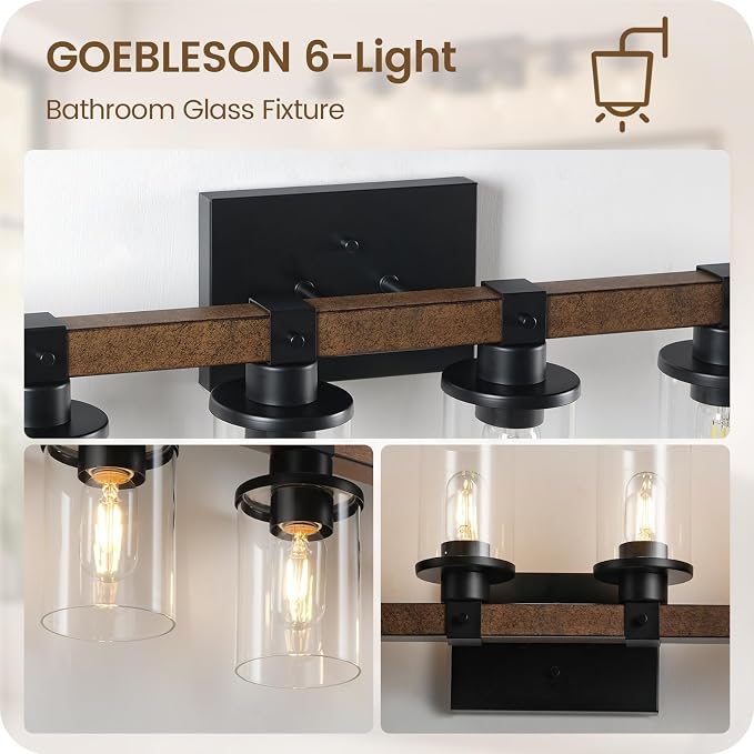 6-Light Bathroom Light Fixture, Vanity Lights for Bathroom with Glass Shade, Rustic Bathroom Light Fixtures, E26 Base F12BD05