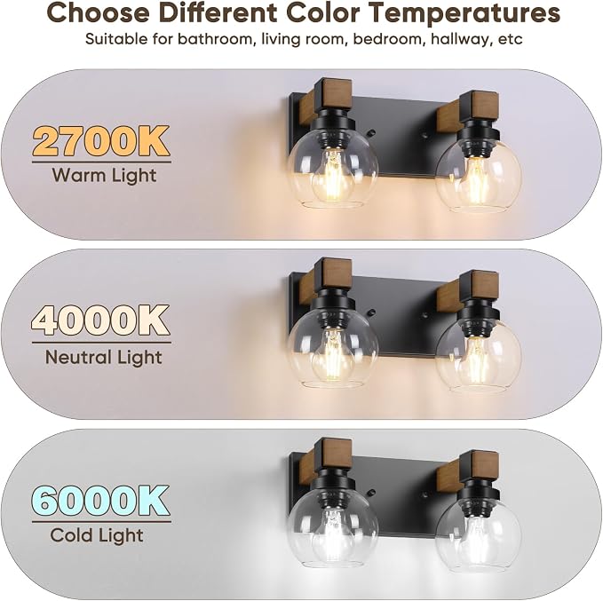 Farmhouse Bathroom Vanity Light, 2-Light Wood Bathroom Light Fixtures Over Mirror, Black Vanity Lighting Fixtures with Glass Shades, Rustic Bathroom Lighting for Living Room Bedroom Hallway