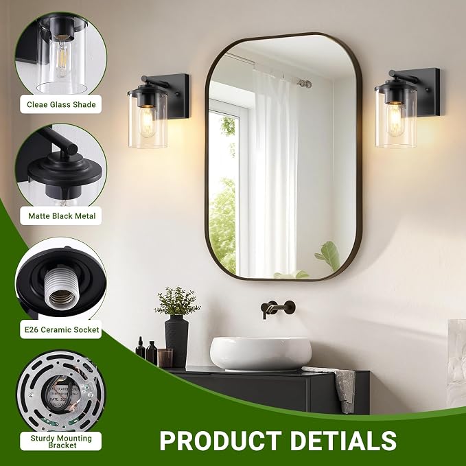 Wall Sconces Set of Two, Modern Bathroom Sconces with Clear Glass Shade, Matte Black Vanity Lights for Bathroom, Farmhouse Wall Light Fixtures for Mirror, Bedroom, Living Room