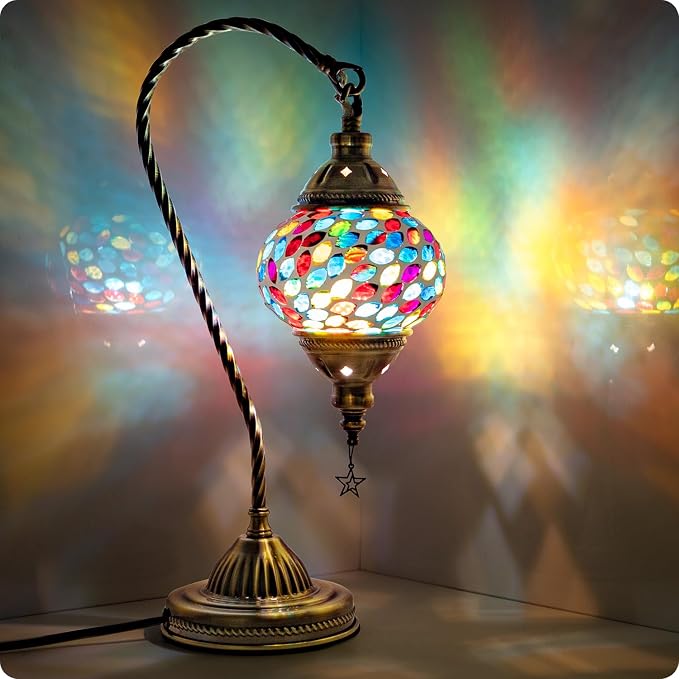 Yarra-Decor Turkish Moroccan Lamp with Bronze Base 3 Color Options Handmade Swan Neck Mosaic Glass Bedside Lamps for Bedroom (LED Bulb Included)(Colorful3)