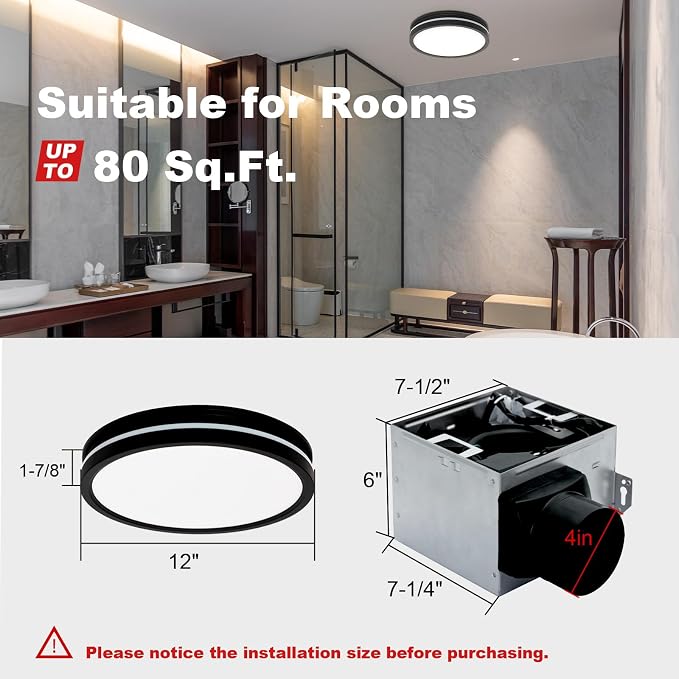 Akicon Bathroom Exhaust Fan with Light, 80 CFM 2.0 Sones Bathroom Fans for Ceiling, 3CCT 15W Dimmable LED Light and 3.5W Nightlight Vent Fan Combo for Home, Round, Black