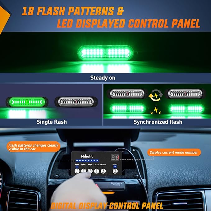 Nilight 8PCS Led Strobe Lights with Controller 12V 24V Sync Feature Green Strobe Light 12 LED Surface Mount Emergency Hazard Warning Lights with Strobe Controller for Vehicle Car Truck RV ATV