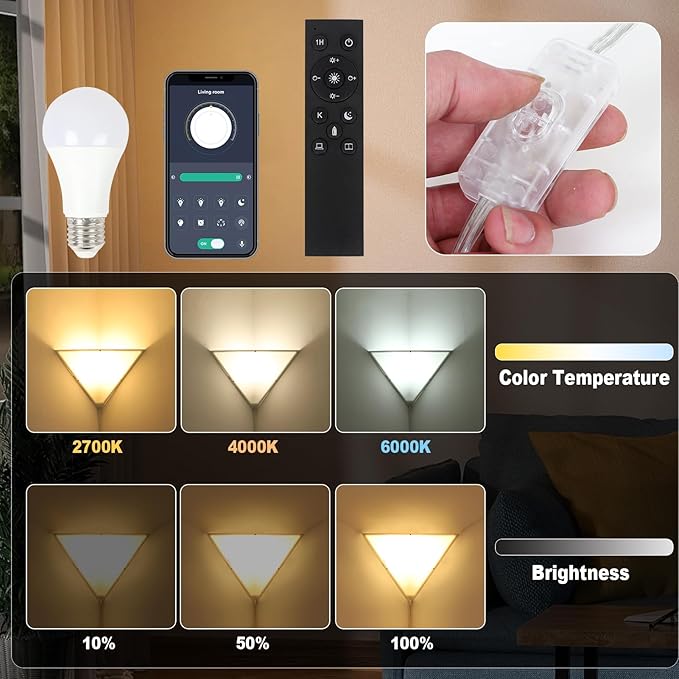 2-Pack Dimmable Corner Lamp With Remote & Smart Bulb, Plug In Ceiling Light With Cord, Led Corner Lights For Living Room Bedroom Basement Office, Room-Saving Wall Light, Safe For Kids & Pets Design