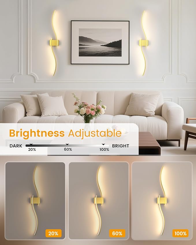 39.4 Inch Battery Operated Wall Sconce Set of 2, Gold Modern Rechargeable Wall Lights with Remote, 3CCT Dimmable Wireless Wall Lamp for Living Room Bedroom Hallway