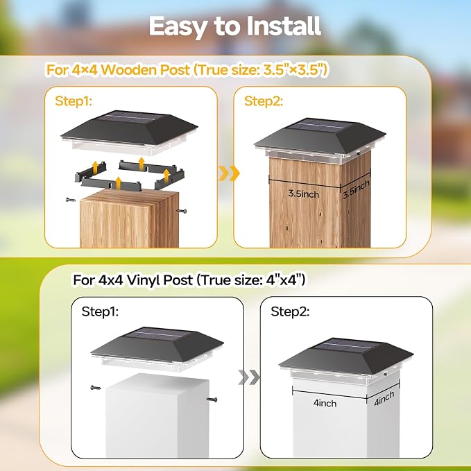 12 Pack 4x4 Solar Post Light, 3 Mode Wooden Vinyl Fence Cap, Black | 3 color temperatures, Waterproof LED Solar Post Lights, Patio Porch Decor, Only Fit Two True Size Post: 3.5''x3.5'', 4''x4''
