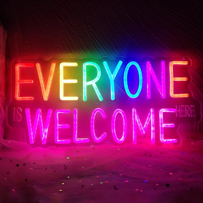 Everyone is Welcome Here Neon Sign, Dimmable Classroom Neon Sign Lights for Wall Decor, USB Positive Affirmation LED Neon Light, Welcome Signs for Classroom Teacher Gifts Rainbow Pride Diversity Decor