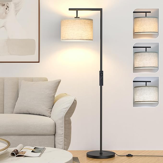 Floor Lamp with Remote Control, Stepless Dimmable Standing Lamp,Black | Colors Temperature and Brightness Adjustable, Beige Linen Lampshade, For Living Room Bedroom Office, 9W LED Bulb Included