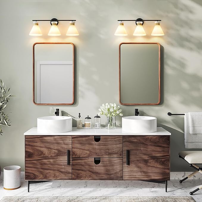 WOSHITU Bathroom Vanity Light Fixtures: 3 Lights Modern Bathroom Lighting Fixtures Over Mirror with Frosted Milky Glass Shade, Black and Gold Vanity Lighting Fixtures Wall Sconce for Bath Bedroom
