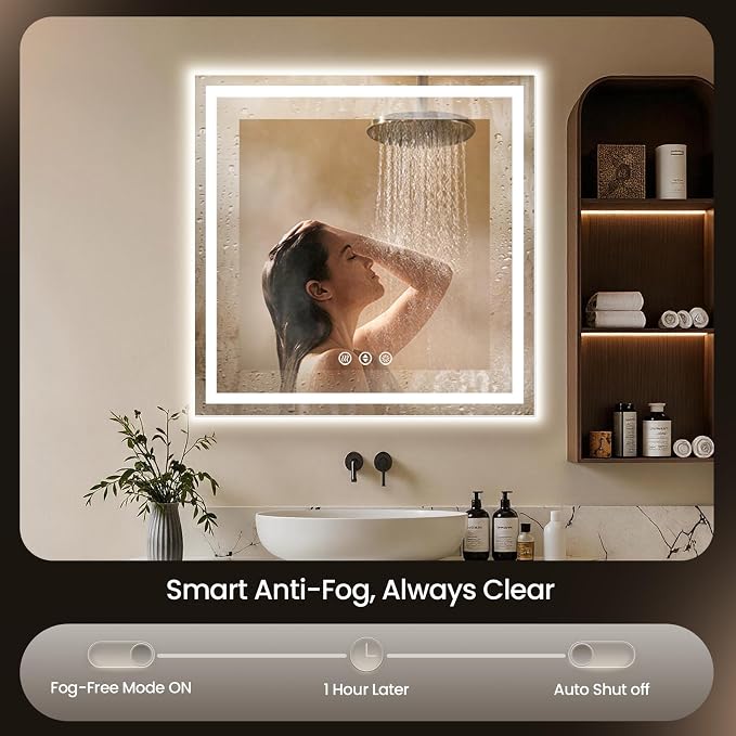 36x36 LED Bathroom Mirror with Anti-Fog, Backlit & Front Lit, Memory | Stepless Dimmable 3 Color CRI 95+ Shatterproof Tempered Glass ETL Listed for Safety Lighted Bathroom Vanity Mirror for Wall