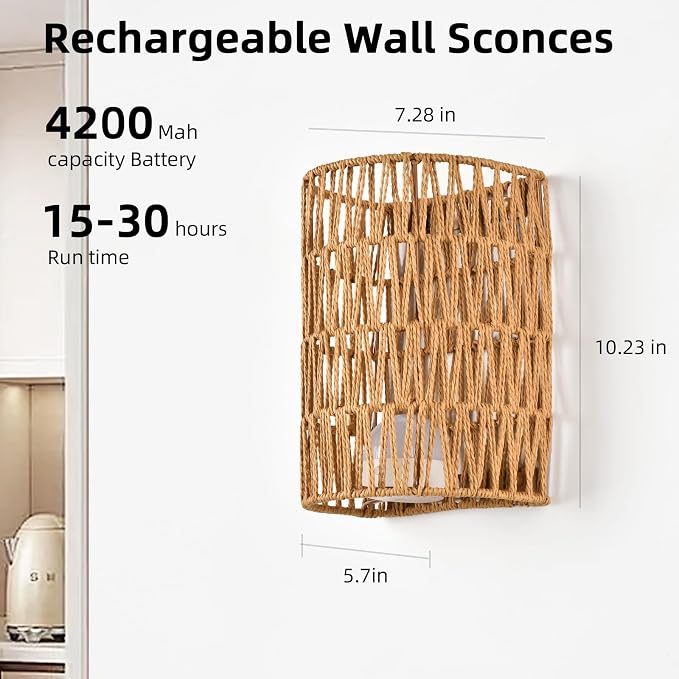 Battery Operated Rattan Wall Sconces Set of Two, Cordless RGB | Handwoven boho wicker set of 2, 100% wireless battery operated, 15 RGB colors with remote, renter friendly multi-scene light