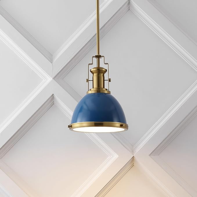 JONATHAN Y Homer Industrial Dome Pendant 10", Navy/Brass Gold | 1-Light, Farmhouse Style, Adjustable Hanging Height, Glass Diffuser, Sloped Ceiling Compatible, Metal, LED Bulb Included