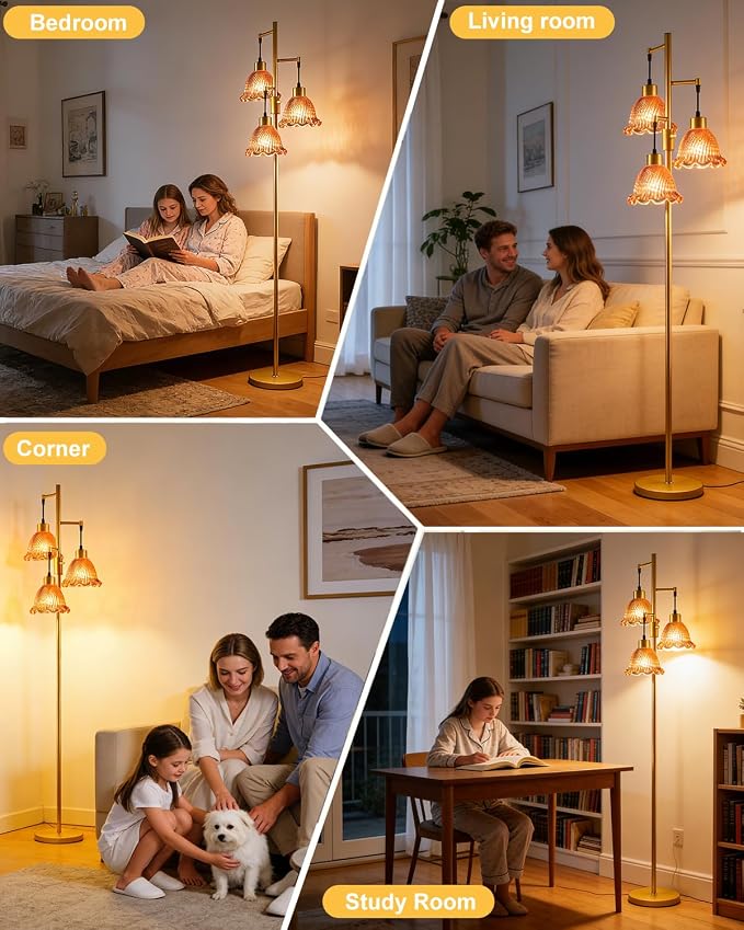 Lightdot Glass Floor Lamps for Living Room, 3-Light Dimmable Floor Lamp with Rose Red Glass Shade& E12 Bulbs Included, Mid Century Standing Tall Lamp with 5Lbs Heavy Base for Bedroom/Sofa Beside-Gold