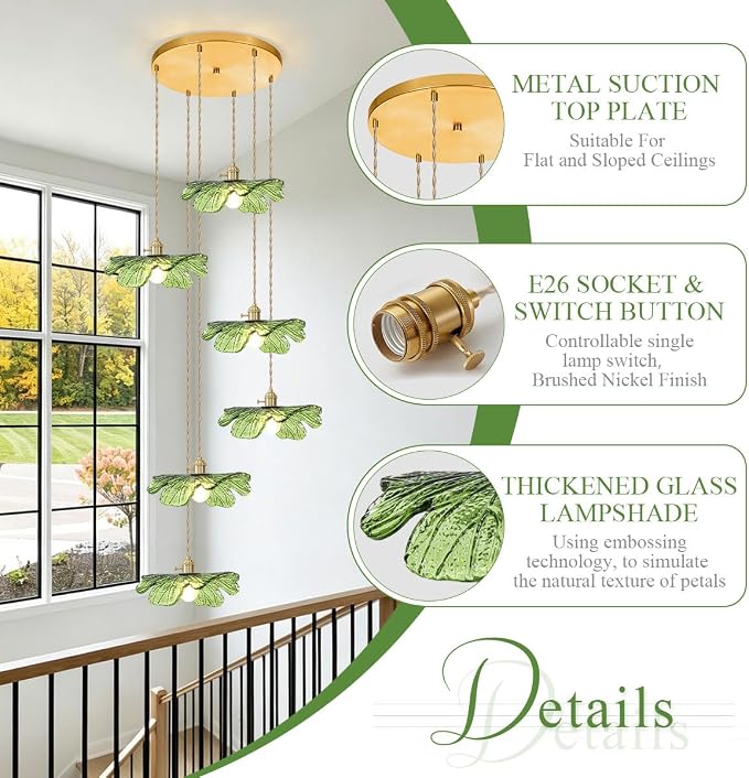 Long High Ceiling Chandelier with Green Blown Flower Glass Shade Vintage Flush Mount Ceiling Hanging light Gold brass pendant light 5 light Ceiling Chandeliers for Staircase Foyer Entryway Living