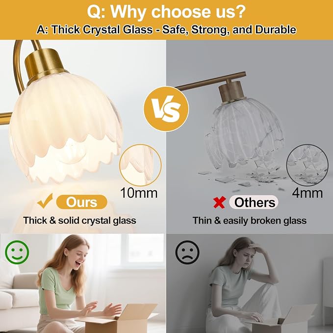 Bathroom Light Fixtures, 3-Light Gold Vanity Light Fixtures with White Tulip Glass Shades, Bathroom Lighting Fixtures Over Mirror for Bedroom, Living Room & Hallway (Bulbs Not Included)