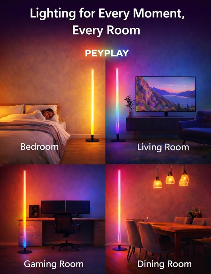 RGB LED Corner Floor Lamp, Smart Adjustable Shape, Music Sync, 16 Million DIY Colors, Remote & App Control, Modern Standing Light for Bedroom Living Room (Circular Base)