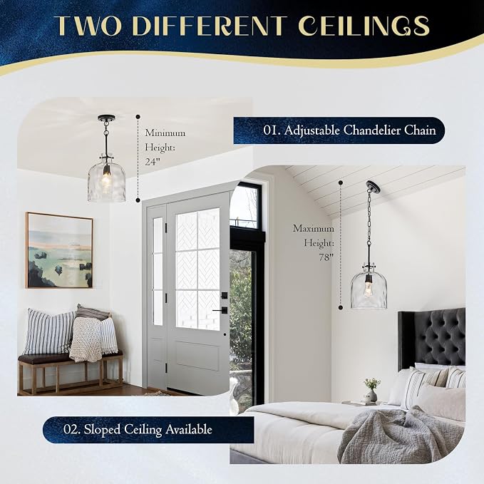 Modern Black Glass Pendant Light – 10-Inch Wide Single Dome Light Fixture, 1-Light E26 Ceiling Hanging Lamp for Kitchen Island, Dining Room, Hallway
