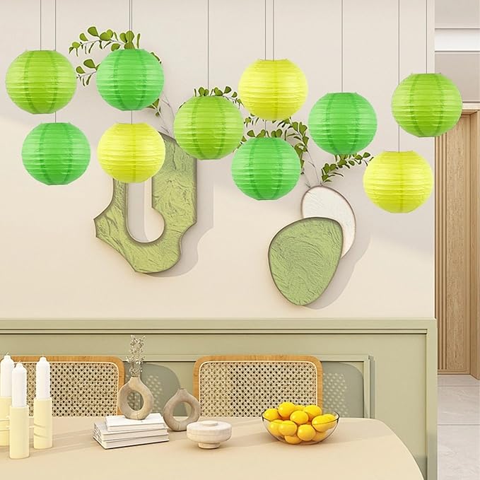 Chinese Paper Lanterns - Pack of 10, 10-Inch Light Green/Green Hanging Lights for Birthday Party Decorations, Ceiling Decor, Rainbow Classroom, Wedding, and Home Party