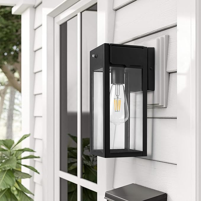 Dusk to Dawn Outdoor Light Fixtures Wall Mount, Outdoor Porch Lights with Outlet, Dusk to Dawn Outdoor Lighting for Doorway, Garage- Black