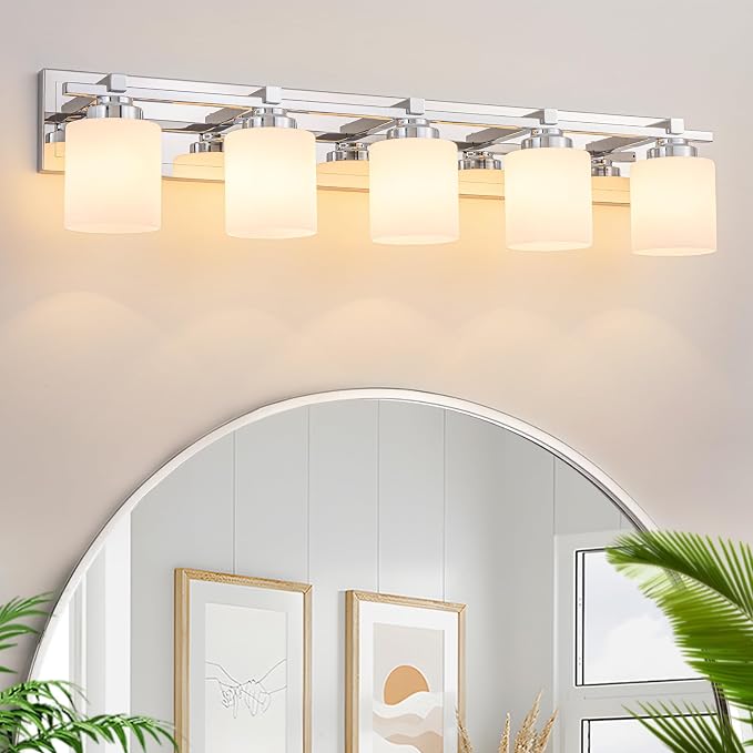 Modern Bathroom Light Fixtures Over Mirror, Vanity Lights for Bathroom Wall Sconces with Milky White Glass Shades, E26 Socket (Bulbs Not Included), 5 Light, Chrome