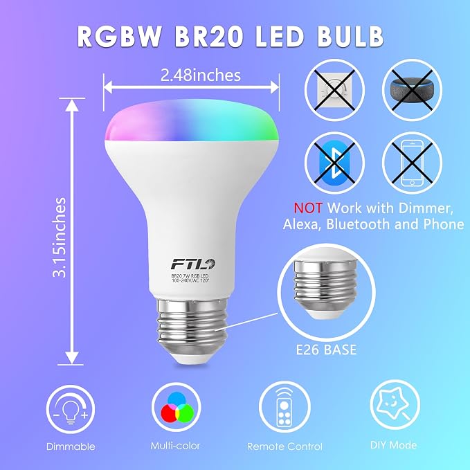 FTL R20 Color Changing Light Bulb with Remote Control, BR20 LED Bulb Dimmable RGB Colored Light Bulbs 7W=60W, 30 Colors, 2700K-6000K, Timer, Color Flood Light Bulbs for Recessed Can Lighting, 6-Pack