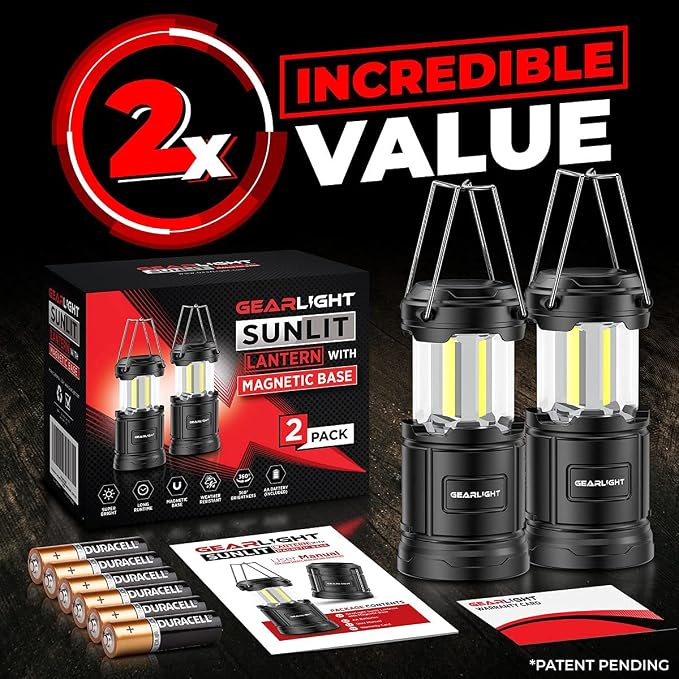 GearLight Camping Lantern - 2 Portable LED Battery Powered Lantern with Magnetic Base and Foldable Hook for Emergency Use or Campsites, Essential Hurricane Survival Kit with Batteries - Black