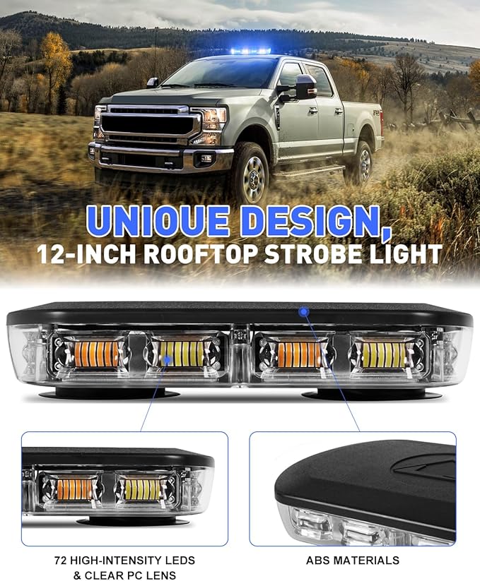 HLauto 700A Rooftop Emergency Strobe Lights Bar, 72 LED Blue White Mini Beacon Safety Flashing Warning Traffic Lights Bar w/Magnetic Base for 12-24V Trucks, Construction Vehicles, Snowplow, Cars