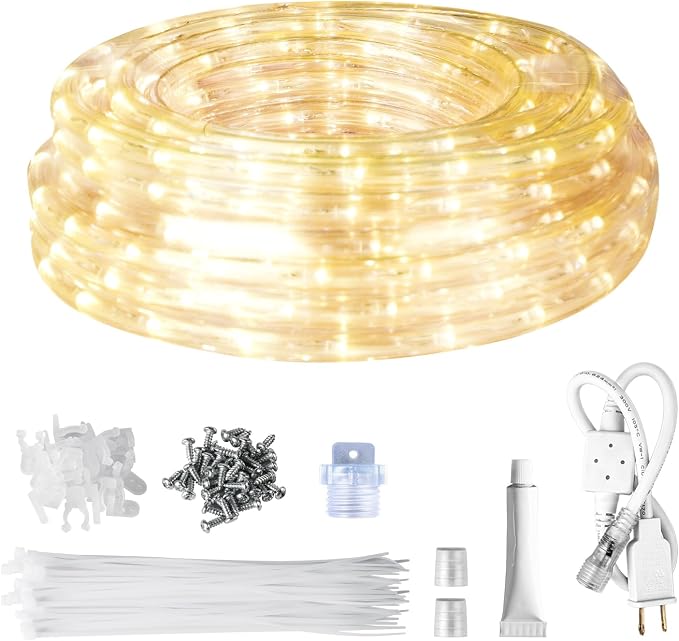 LED Rope Lights Outdoor Warm White, Waterproof 33FT Cuttable 3000K Soft Lighting Indoor 110V Flexible Clear Tube for Bedroom Outside Garden Deck Patio Camping Decor, Not Flat Strip
