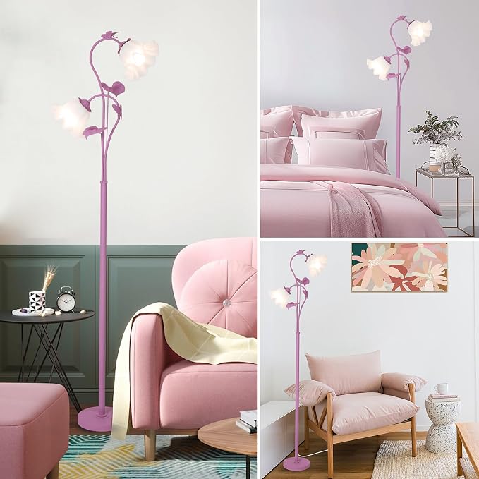 HMVPL Purple Floral Floor Lamp, Girls Flower Floor Lamp for Bedroom, Cute Lotus Standing Lamp with 2 LED 5W Blubs, Foot Switch, Unique Flower Tall Lamp for Living Room Kids Nursery Bedside Corner