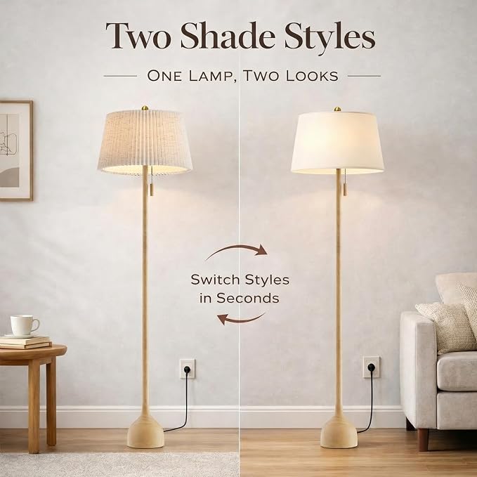 MOFFE Mid Century Modern Real Wood Floor Lamp with 2 Shades for Two Looks | 65" Tall,Sculptural Teardrop Base,Wooden Pull Chain,Vintage Standing Lamp,Linen Shades,Living Room,Bedroom, Bulb Included
