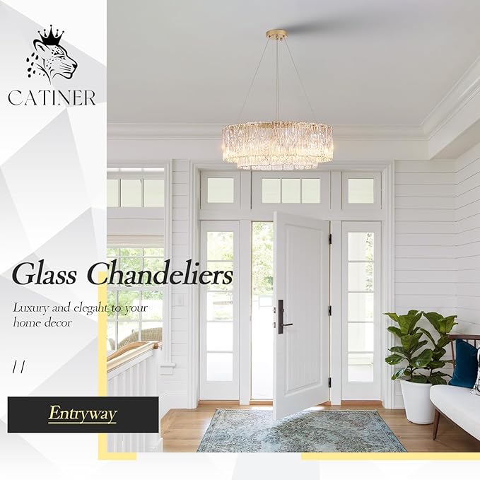 Gold Chandeliers 24”Modern Crystal Glass Round Chandelier 10-Light Drum Pendant Ceiling Light Fixtures Luxury 2 Tiers Hanging Chandelier for Dining Room Foyer Living Room Bedroom