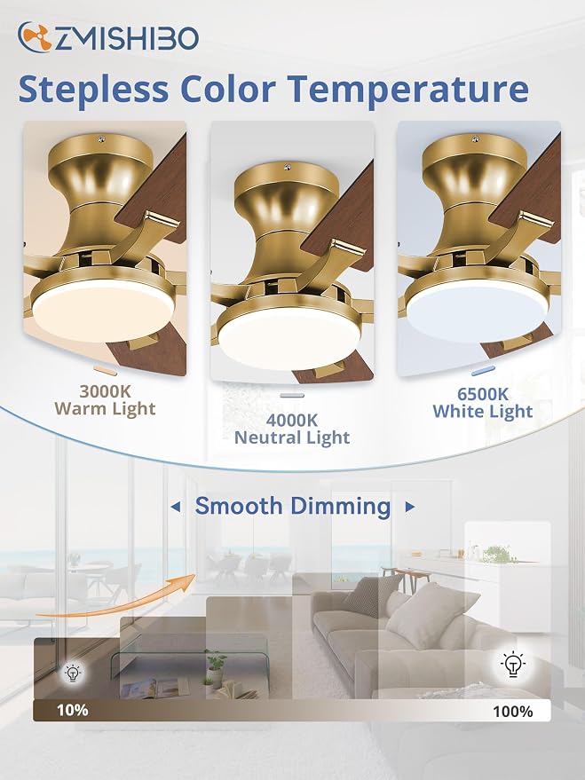 ZMISHIBO 60 Inch Ceiling Fans with Lights, Remote&App Control, Flush Mount | Low Profile, Dimmable 20W LED Light, Quiet Reversible Motor, Strong Airflow, Easy Install for Bedroom/Living Room/Apt, Gold