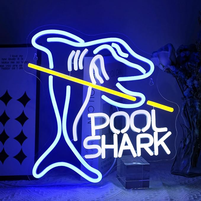 Pool Shark Neon Sign for Wall Decor Dimmable Led Lights Signs Billiards LED Signs for Game Room Shark Neon Light Room Decor for Bar Pub Club Man Cave Decoration Boys Gift