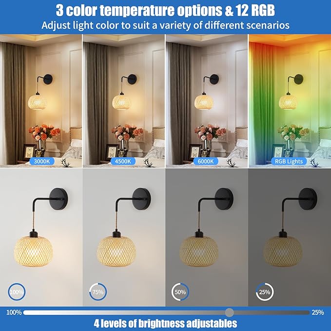 Battery Operated Wall Sconce Set of Two, Bamboo Rechargeable Boho Wireless Sconces with Remote, Dimmable Non-Hardwired Farmhouse Wall Lights for Bedroom Living Room (Black,8 inches)