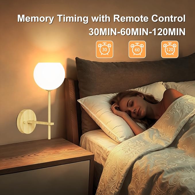 Wood Grain Battery Operated Wall Sconces Set of 2, Rechargeable Wireless Wall Lights with Milky White Frosted Glass, 12 RGB and 3CCT Dimmable Wall Lamps with Remote for Bedroom Living Room Hallway