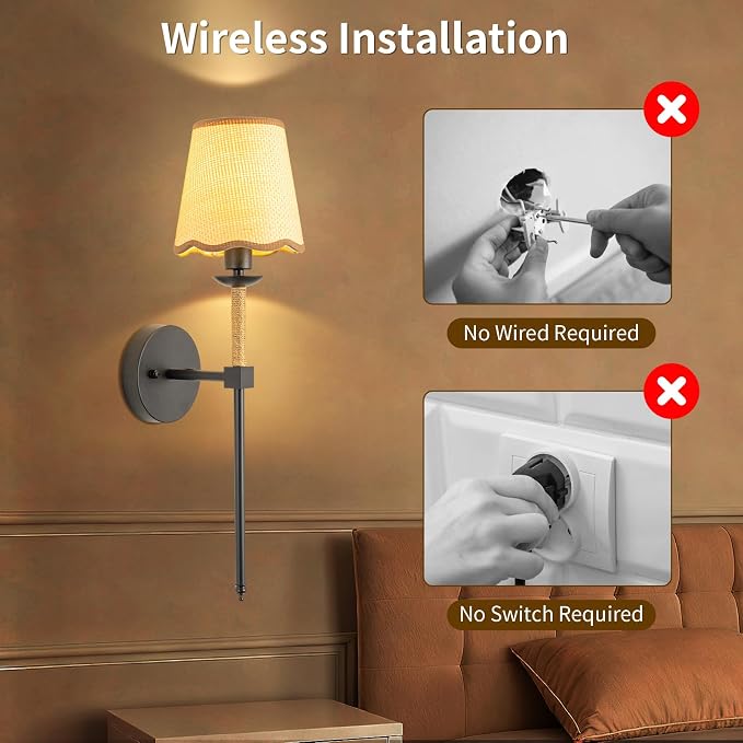 Boho Battery Operated Wall Sconce Set of 2, Black Wireless Rechargeable Wall Lights with Rattan Shade, 12 RGB and 3CCT Dimmable Cordless Wall Lamps with Remote for Bedroom Living Room