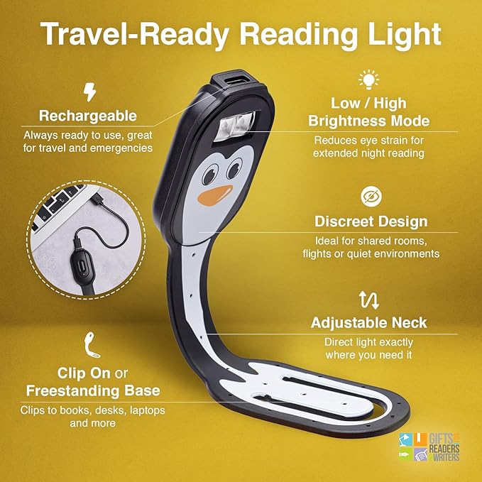 Gifts for Readers & Writers Rechargeable Book Light, Clip On Reading Light for Bed, 2in1 Flexilight & Bookmark, 12 Hours of Light Once Charged, Includes USB Cable & 2 LED Lights, Penguin